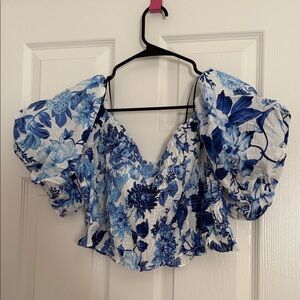 H&M Blue Floral Puff Sleeve Blouse